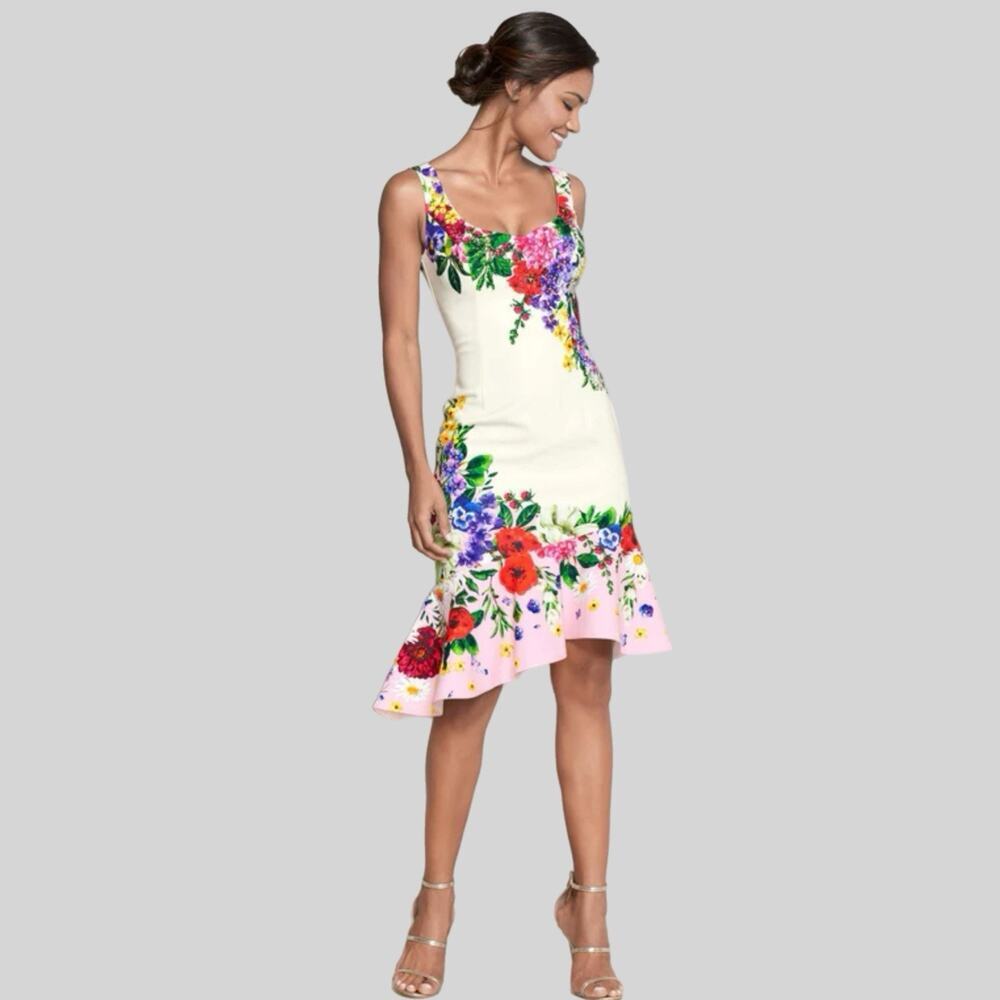 VENUS White Floral Rhinestone Embellished Ruffle Trim Dress Size M ResortWear